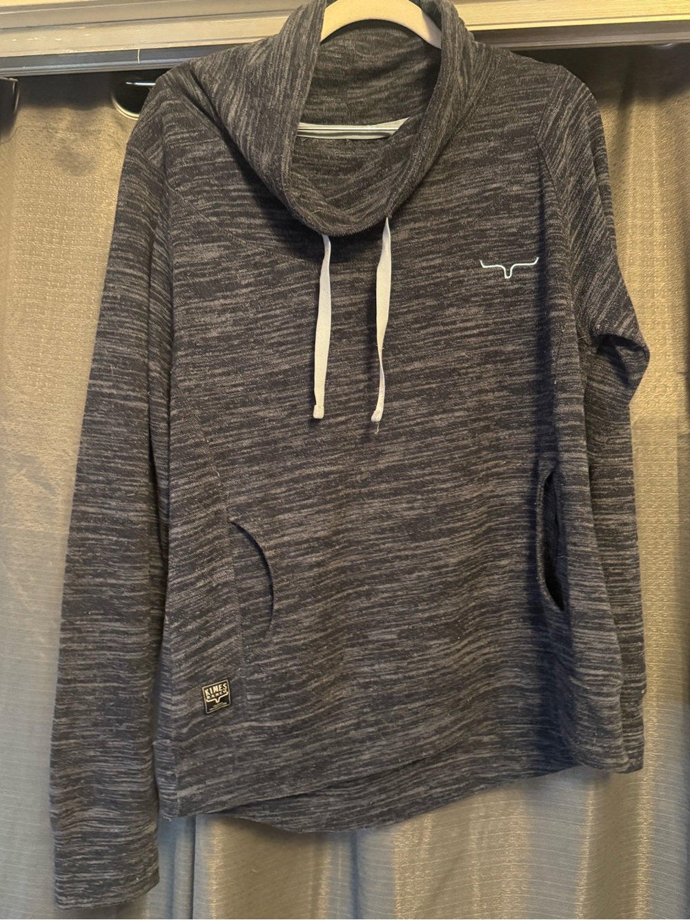 Kimes Ranch Heathered Charcoal Cowl Neck Pullover with White Drawstrings